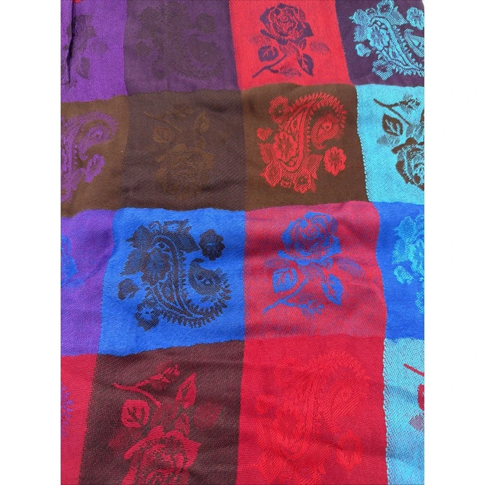 100% Cashmere Shawl Wrap Patchwork Rose Paisley Scarf Fringed Quiet Luxury 80x26